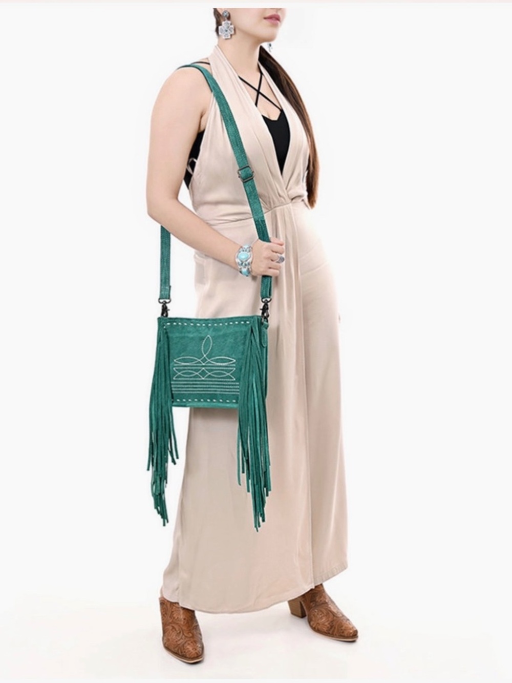 American Darling Western Genuine Suede Leather Crossbody Bag with Fringe & Buck